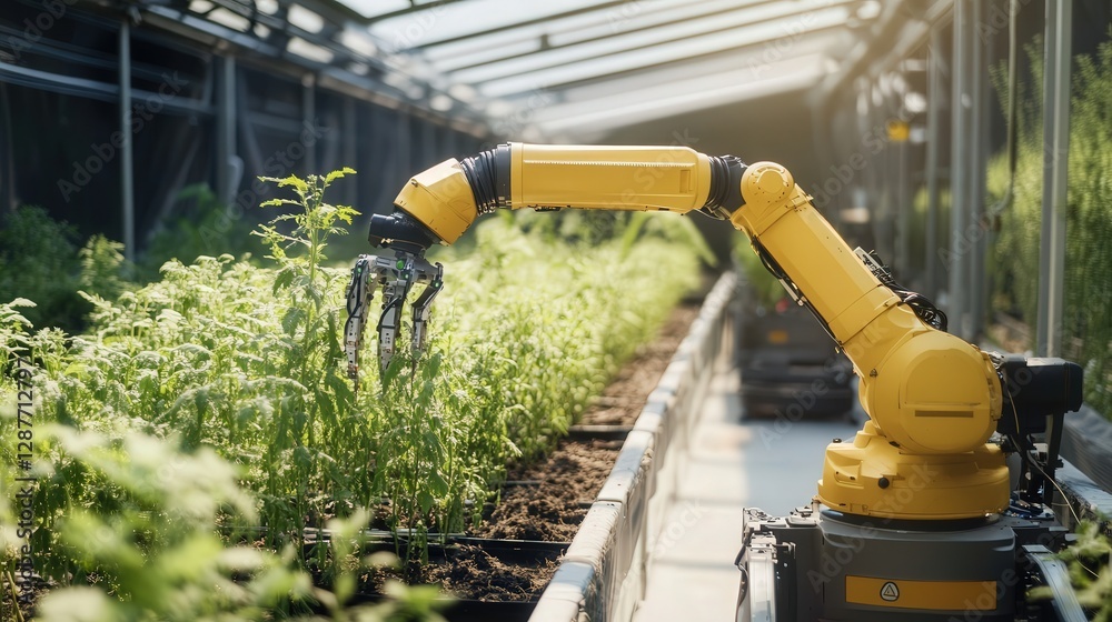 Poster farm managed entirely by autonomous robots, with sensors and ai ensuring the ideal conditions for cr