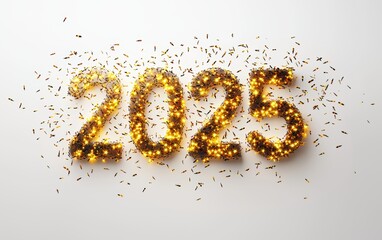 Of the number 2025 made of glowing fireflies forming a bright golden pattern in the air, isolated on a clean white background