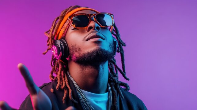 Cool young Black man with dreadlocks, headphones, sunglasses, and orange headband, posing against vibrant purple and blue neon light.