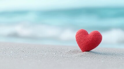 Fototapeta premium A red heart drawn in the sand on a deserted beach, with the waves gently lapping at the shore, symbolizing fleeting love, lost romance, and memories.