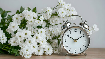 White flowers and alarm clock on table, calm background, springtime