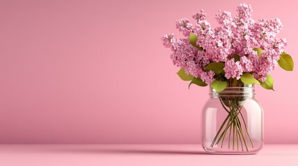 Fototapeta premium Pink lilac flowers in glass jar on pink background.