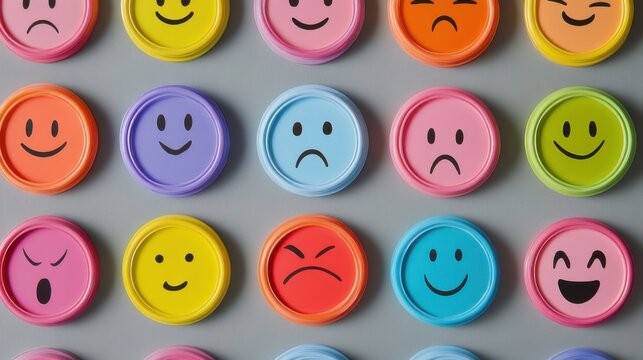 Colorful array of smiley faces displayed on circular tokens showing a range of emotions in a playful arrangement