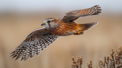 Obraz premium A kestrel in flight, showcasing its detailed plumage and sharp talons against a blurred natural background.