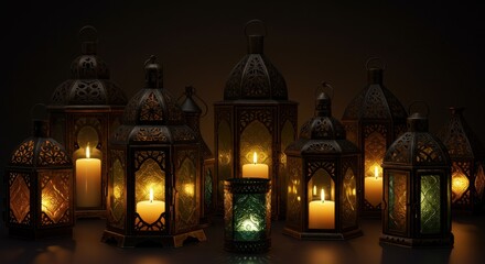 Obraz premium Beautifully arranged decorative lanterns with glowing candles in a dark setting
