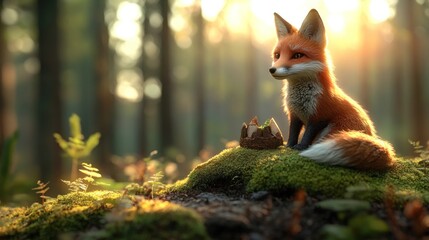 Cute fox sitting on mossy rock in sunlit forest.