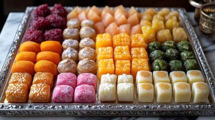 Assorted colorful sweets arranged on a silver tray.