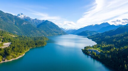 Mountain Lake Valley Aerial View Sunny Day
