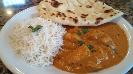 rich and flavorful Indian curry, featuring butter chicken in a creamy tomato sauce, served with naan bread and fragrant basmati rice. -
