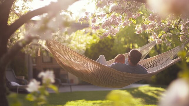 Senior living couple relaxing in their backyard hammock. Featuring rest and connection