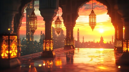 Arabian Lanterns Hanging Outdoors at Sunset with Warm Golden Glow

