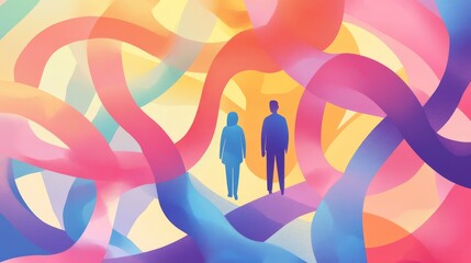 Abstract representation of mental health support and recovery journey, featuring gentle gradient colors, intertwining paths symbolizing healing process, incorporating supportive text and positive