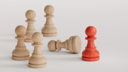 3D illustration of a broken pawn and another one repaired by using of a golden part.Positive psychology and resilience concept.Made and rendered in C4D, not AI.