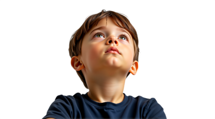 Contemplative young boy looking up. Fair skin, dark hair, blue shirt. Isolated on transparent background. Ideal for education, kids content, inspiration, design.