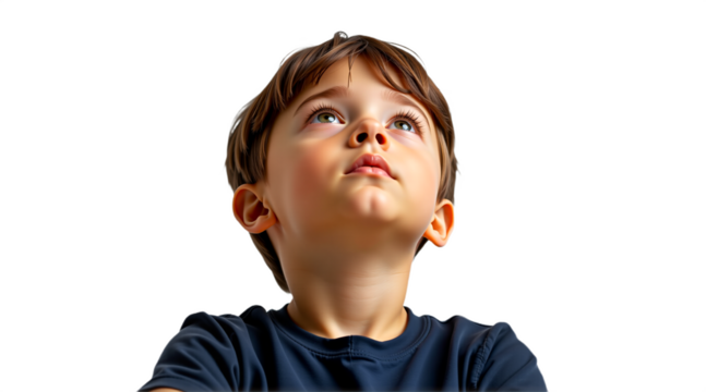 Contemplative young boy looking up. Fair skin, dark hair, blue shirt. Isolated on transparent background. Ideal for education, kids content, inspiration, design.