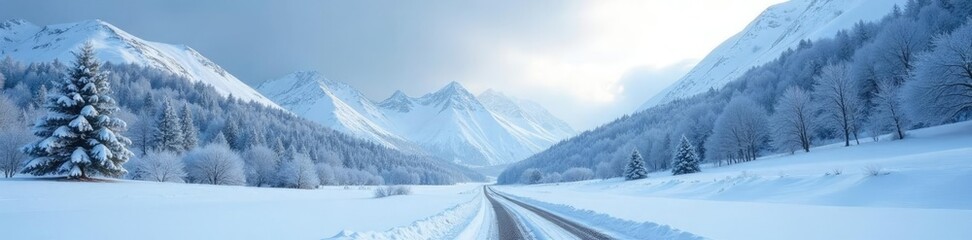 Obraz premium A blanket of snow stretches out across a frosty valley, cold weather, snowy terrain