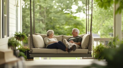 Senior living couple relaxing on a porch swing. Featuring comfort and togetherness