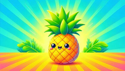 Cute cartoon pineapple surrounded by bright background with sun rays on the beach. Fun illustration design for summer holidays concept.