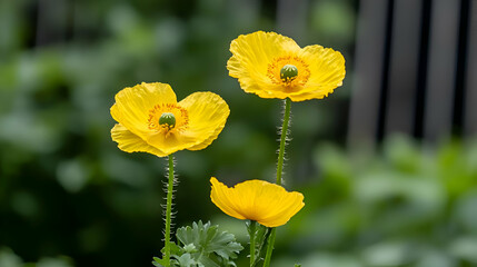 Obraz premium Three Yellow Poppies in Bloom Close Up