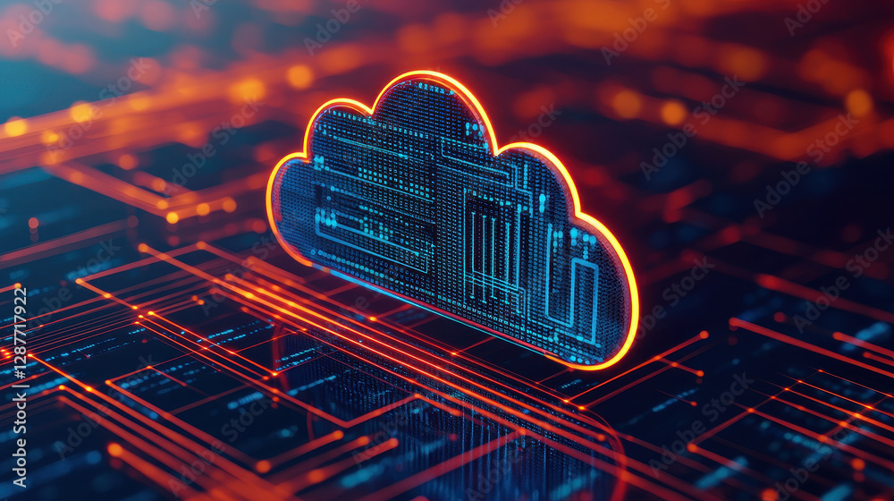 Poster cloud storage globalization communication network digital cloud with circuit patterns and glowing li