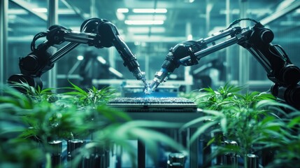 Component Installation and Quality Control of Black Circuit Board. Fully Automated PCB Assembly Line Equipped with High Precision Robot Arms at a Factory. Electronic Devices Manufacturing Industry