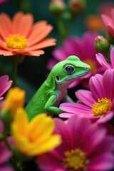A bright green gecko hiding in a colorful floral arrangement, arrangement, camouflage, decorative