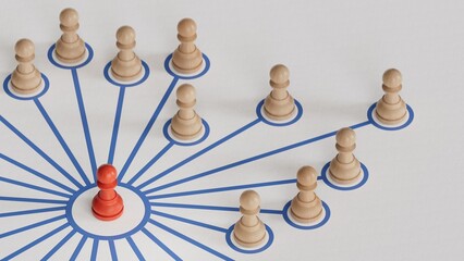 3D illustration of a golden compass rose with five pawns. Business strategy and guidance concept.Made and rendered in C4D, not AI.