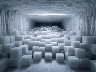 Fototapeta premium a hidden cave filled with AI-generated crystal formations that emit soft pulsating light, an eerie yet beautiful fusion of nature and digital technology, surreal sci-fi realism