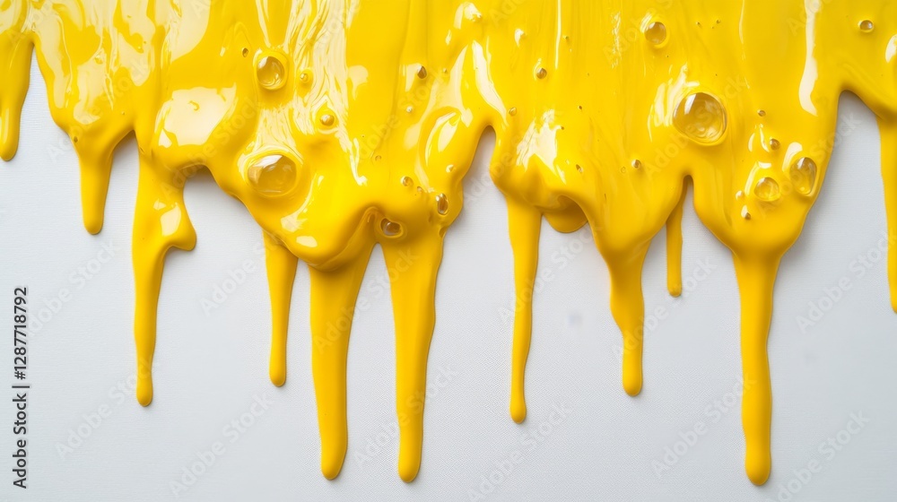 Poster Yellow paint flowing onto a white surface with a glossy texture, creating a vibrant and artistic pattern. Creative color fluidity concept