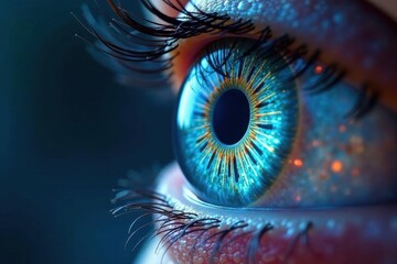 Close-up of a vibrant blue eye with intricate details, showcasing the beauty of human anatomy and the mesmerizing textures of the iris and eyelashes