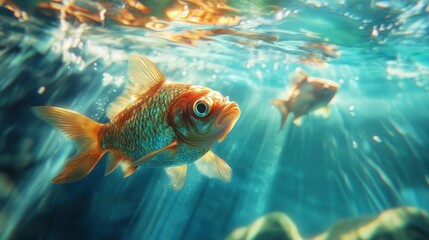 Naklejka premium fish appears closer to the surface than it is, due to light refraction. Explain how this effect distorts depth perception when looking into water.