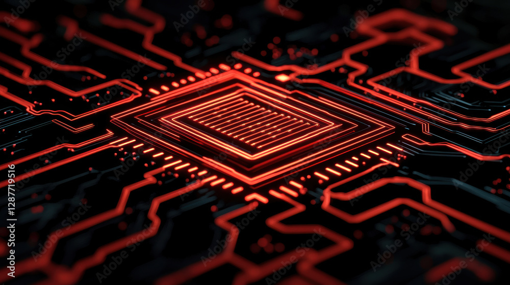 Poster cloud storage globalization communication network abstract digital circuit board with red glowing li