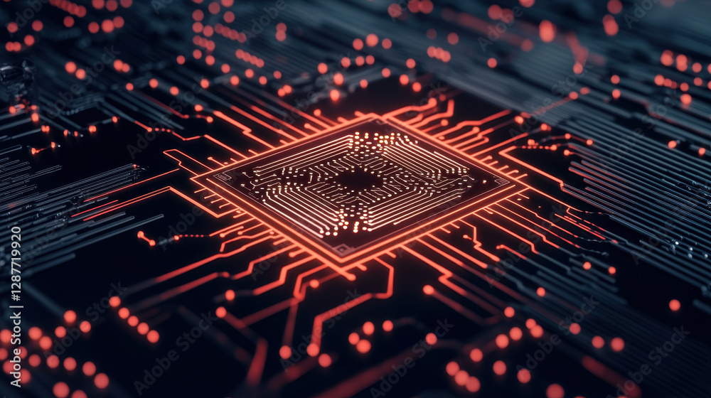 Poster cloud storage globalization communication network high tech circuit board with glowing microchip and