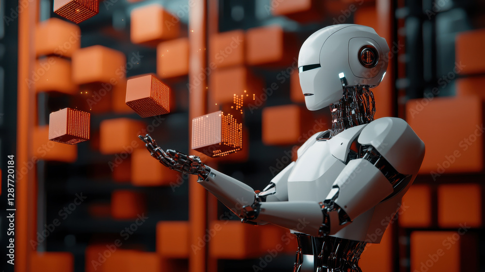 Poster cloud storage globalization communication network futuristic robot interacts with floating cubes in 