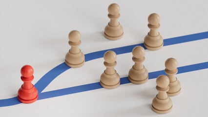 3D illustration of green pawns choosing the best way forward instead of the worst one. Right path concept.Made and rendered in C4D, not AI.