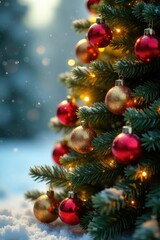 Bright yellow tree with colorful ornaments shining in the winter,, evergreen tree, wooden ornaments