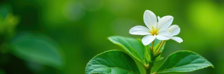 Fototapeta premium Delicate white flowers on a mature chameleon plant with lush green leaves, garden blooms, nature