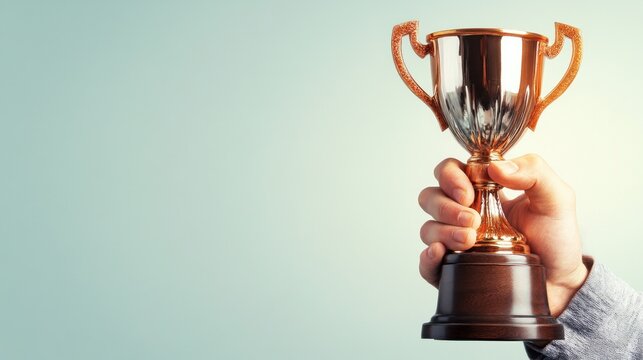 Hand holding a shiny trophy against a light-blue background.