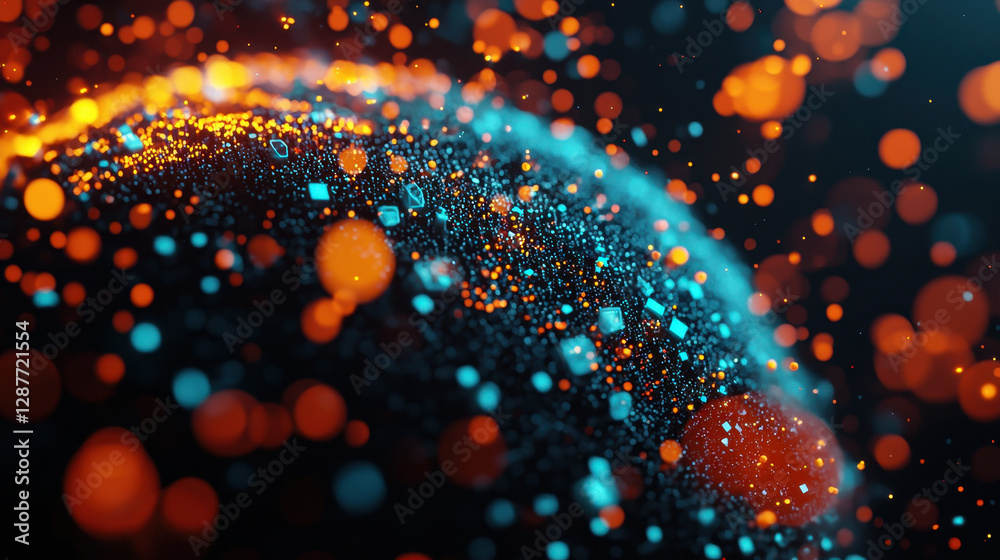 Poster cloud storage globalization communication network colorful abstract particles in motion, creating dy