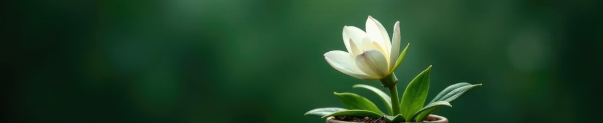 Fototapeta premium Delicate white petals unfolding from a dark green pot, frostkiss, delicate, botanical