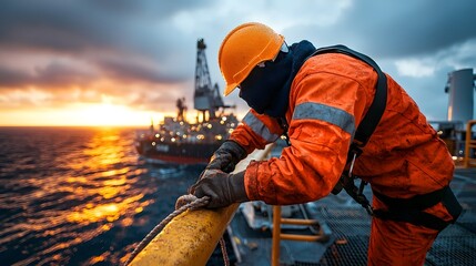 Fototapeta premium A technician dressed in orange PPE and a harness secures safety ropes while servicing critical equipment on an offshore oil rig