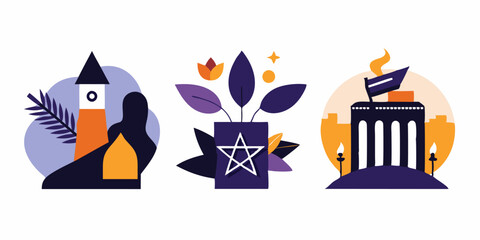 Fototapeta premium Artistic illustrations of landmarks and nature elements on white background