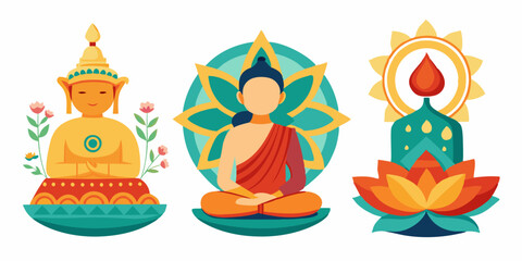 Fototapeta premium Tranquil buddha illustrations with floral and lotus motifs on white background