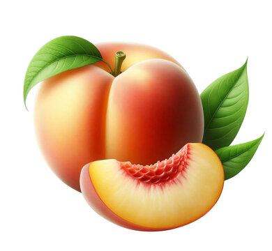 Isolated peach fruits. One whole fresh peach and a slice and leaves isolated on white background with clipping path.
