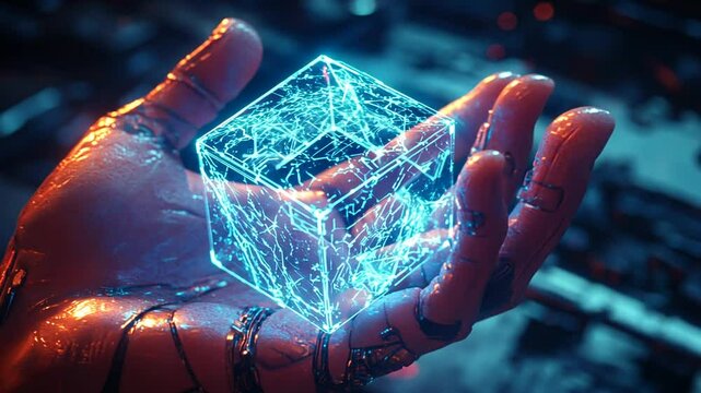 Robotic hand cradles a luminous, intricate, glowing blue cube within a futuristic scene.
