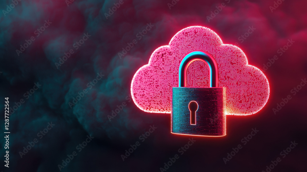 Poster cloud storage globalization communication network secure cloud storage with padlock symbolizing data