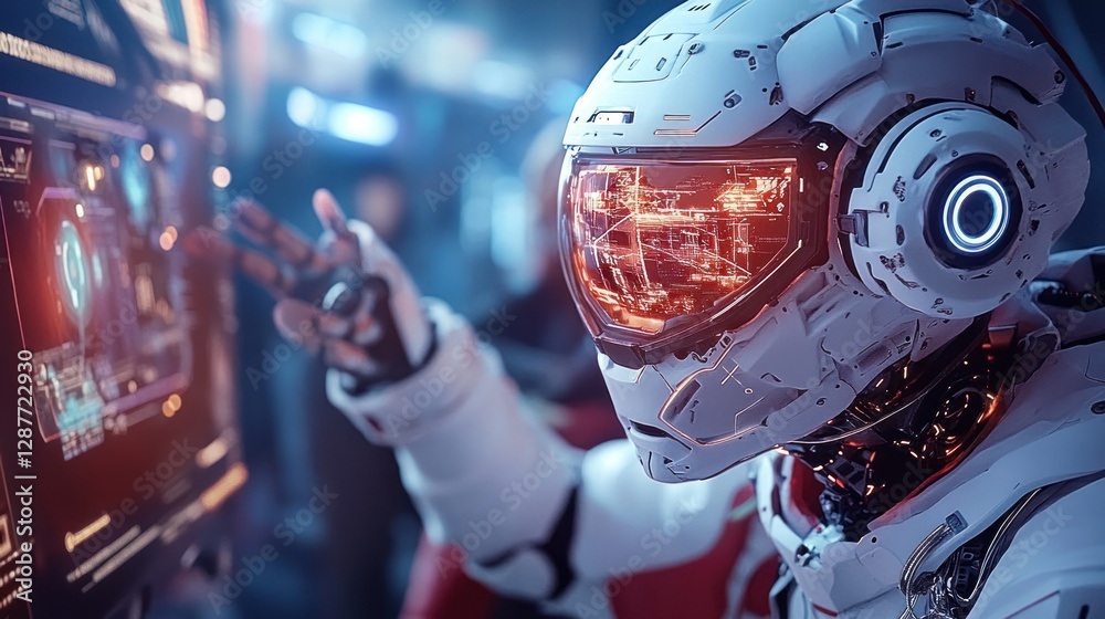 Wall mural astronaut robot interacting with futuristic holographic interface.