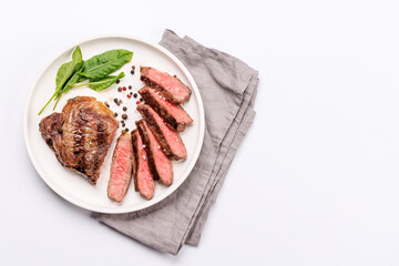 A perfectly cooked sliced striploin steak with a juicy, tender texture