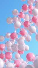 Abstract Molecular Structure with Pink and White Spheres Against a Blue Background