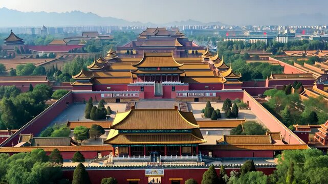 A panoramic view of the Forbidden City in Beijing showcasing its majestic architecture, lush gardens, and traditional rooftops under a clear blue sky during daytime